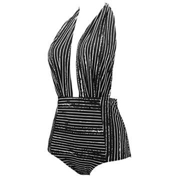 COCOSHIP Black Striped & White Balancing Act Vintage One Piece Backless Bather Swimsuit High Waisted...