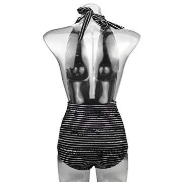 COCOSHIP Black Striped & White Balancing Act Vintage One Piece Backless Bather Swimsuit High Waisted Pin Up Swimwear Maillot S(US4)