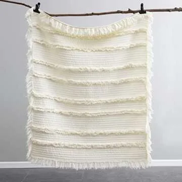 Ultra Soft Pre-Washed Warm Quilted Throw Blanket, Ruffle Fringed Cream Boho Decorative Throw, Stone Washed Chic Rustic Blanket for Sofa Couch Bed Chair, 50"x 60"