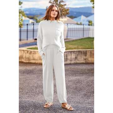 PRETTYGARDEN Women's Winter 2 Piece Sweater Set Casual Pullover Top High Waisted Sweatpants Tracksuit Lounge Outfits (Beige White,Small)