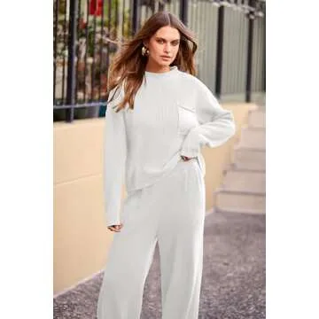 PRETTYGARDEN Women's Winter 2 Piece Sweater Set Casual Pullover Top High Waisted Sweatpants Tracksuit Lounge Outfits (Beige White,Small)