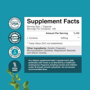 Free Form L Tyrosine 500mg Capsules - High Strength L-Tyrosine Supplement for Mental Energy and Focu...