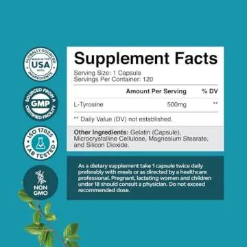 Free Form L Tyrosine 500mg Capsules - High Strength L-Tyrosine Supplement for Mental Energy and Focu...
