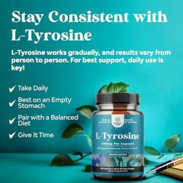 Free Form L Tyrosine 500mg Capsules - High Strength L-Tyrosine Supplement for Mental Energy and Focus Support - Amino Acid Nootropic Supplement for Mood Focus Attention and Cognitive Performance