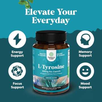 Free Form L Tyrosine 500mg Capsules - High Strength L-Tyrosine Supplement for Mental Energy and Focus Support - Amino Acid Nootropic Supplement for Mood Focus Attention and Cognitive Performance