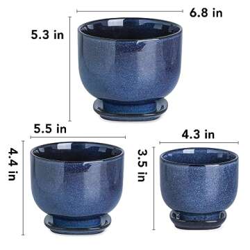 vicrays Ceramic Plant Pots Indoor - 6.8/5.5/4.3 Inch Planter Pot with Drainage Hole and Saucer for Succulent Orchid Flower Herbs Cactus - Gardening Home Desktop Office Decor – Set of 3 Blue