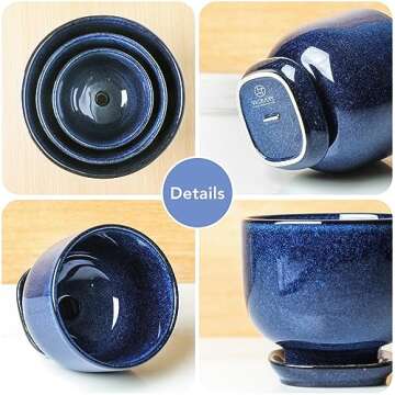 vicrays Ceramic Plant Pots Indoor - 6.8/5.5/4.3 Inch Planter Pot with Drainage Hole and Saucer for Succulent Orchid Flower Herbs Cactus - Gardening Home Desktop Office Decor – Set of 3 Blue
