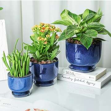 vicrays Ceramic Plant Pots Indoor - 6.8/5.5/4.3 Inch Planter Pot with Drainage Hole and Saucer for Succulent Orchid Flower Herbs Cactus - Gardening Home Desktop Office Decor – Set of 3 Blue