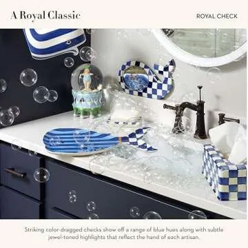MACKENZIE-CHILDS Enamel Toilet-Tissue Storage, Decorative Toilet-Paper Storage for Bathroom, Blue-and-White Royal Check