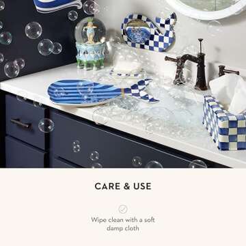 MACKENZIE-CHILDS Enamel Toilet-Tissue Storage, Decorative Toilet-Paper Storage for Bathroom, Blue-and-White Royal Check