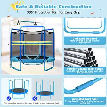 Giantex 60" Trampoline for Kids, Heavy Duty Small Mini Toddler Trampoline with Ring and Horizontal Bar, Adjustable Height, Max Weight 330 lbs, 5 Ft Outdoor Indoor Trampoline for 3-7 Ages (Blue)