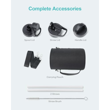 BUZIO 64 oz Insulated Water Bottle with 3 Lids & Pouch