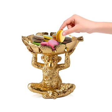 Adorable Monkey Decorative Bowl – Detailed Resin Sculpture w/Split Leaf Dish for Snacks, Nuts, Candies & More – Modern Decor Golden Finish for Keys or Jewelry