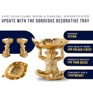 Adorable Monkey Decorative Bowl – Detailed Resin Sculpture w/Split Leaf Dish for Snacks, Nuts, Candies & More – Modern Decor Golden Finish for Keys or Jewelry