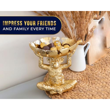 Adorable Monkey Decorative Bowl – Detailed Resin Sculpture w/Split Leaf Dish for Snacks, Nuts, Candies & More – Modern Decor Golden Finish for Keys or Jewelry