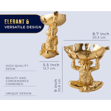 Adorable Monkey Decorative Bowl – Detailed Resin Sculpture w/Split Leaf Dish for Snacks, Nuts, Candies & More – Modern Decor Golden Finish for Keys or Jewelry