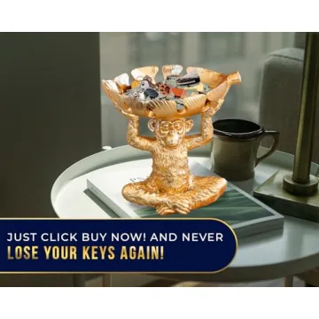 Adorable Monkey Decorative Bowl – Detailed Resin Sculpture w/Split Leaf Dish for Snacks, Nuts, Candies & More – Modern Decor Golden Finish for Keys or Jewelry
