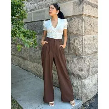 GRAPENT Flowy Pants High Waisted Wide Leg Trousers Womens Slacks Elastic Waist With Pockets Wide Leg Pants Brown Pants Old Money Aesthetic Clothing Women Color Chocolate Brown Size Small Size 4 Size 6