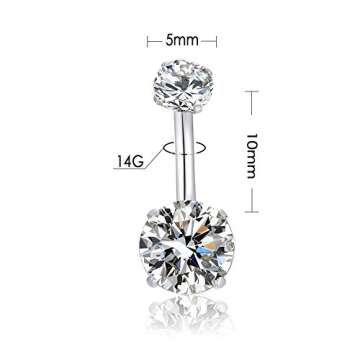 HQLA 14G Belly Button Rings Surgical Stainless Steel Round Cubic Zirconia Navel Barbell Stud Body Pi...