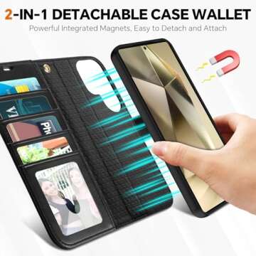 TUCCH Wallet Case for Galaxy S25 Ultra, Removable RFID Blocking [4 Card Slots] Wrist Strap Wireless Charging Kickstand PU Leather Magnetic Detachable Protective Cover for Galaxy S25 Ultra 6.9", Black