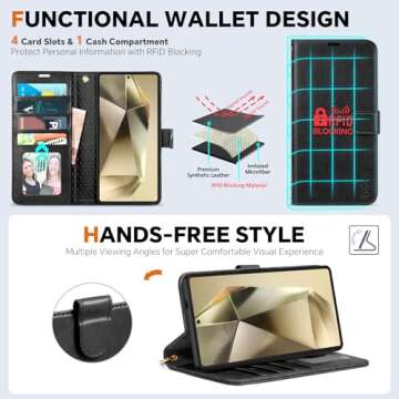 TUCCH Wallet Case for Galaxy S25 Ultra, Removable RFID Blocking [4 Card Slots] Wrist Strap Wireless Charging Kickstand PU Leather Magnetic Detachable Protective Cover for Galaxy S25 Ultra 6.9", Black