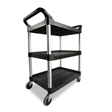 Rubbermaid Commercial Products Heavy Duty 3-Shelf Rolling Service/Utility/Push Cart, 200 lbs. Capacity, Black, for Foodservice/Restaurant/Cleaning/Warehouse/Garage