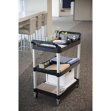 Rubbermaid Commercial Products Heavy Duty 3-Shelf Rolling Service/Utility/Push Cart, 200 lbs. Capacity, Black, for Foodservice/Restaurant/Cleaning/Warehouse/Garage