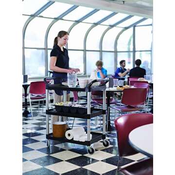 Rubbermaid Commercial Products Heavy Duty 3-Shelf Rolling Service/Utility/Push Cart, 200 lbs. Capacity, Black, for Foodservice/Restaurant/Cleaning/Warehouse/Garage