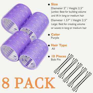 Hair Rollers 8 Pack, Self Grip Hair Curlers Assorted Size Heatless Hair Curlers, Velcro Rollers Styling Curling and Appliances with Storage Bag and Clips (2 in 4 Pack & 1.5 in 4 Pack)