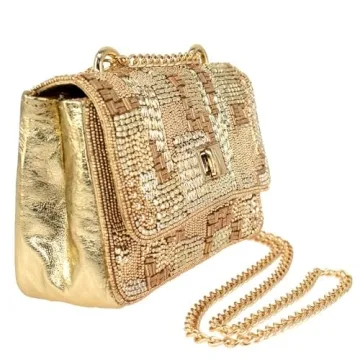 Mary Frances Golden Idol Handbag with Gold Beaded Design