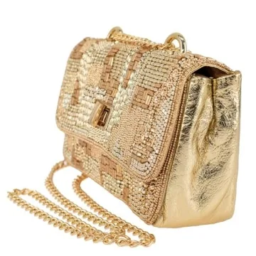 Mary Frances Golden Idol Handbag with Gold Beaded Design
