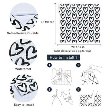 Timeet Black Wallpaper Peel and Stick Wallpaper 17.7"x197" Black White Wallpaper Vinyl Self Adhesive Wallpaper Removable Wall Paper Decorative for Living Room Bathroom Kids Bedroom Decor