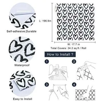 Timeet Black Wallpaper Peel and Stick Wallpaper 17.7"x197" Black White Wallpaper Vinyl Self Adhesive Wallpaper Removable Wall Paper Decorative for Living Room Bathroom Kids Bedroom Decor