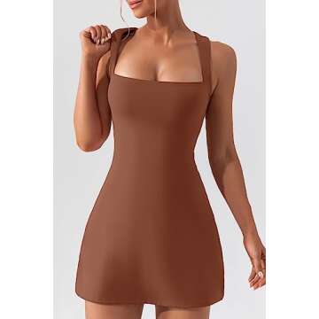 QINSEN Women's Sexy Square Neck Flare Dress High Stretch Short Length Tennis Dress Carob Brown S