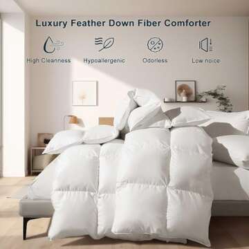 Feather Down Fiber Comforter Queen Size Duvet Insert, Ultra Soft Luxury All Season White 100% Cotton...
