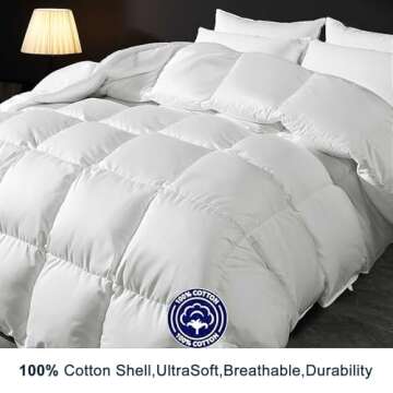 Feather Down Fiber Comforter Queen Size Duvet Insert, Ultra Soft Luxury All Season White 100% Cotton Hotel Collection Bed Comforter with 8 Corner Tabs, Box Stitched Fluffy Cozy Medium Warmth 90 x 90