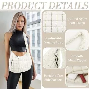 izuzta Quilted Puffer Tote Bag Large Puffy Crossbody Shoulder Bag, Lightweight Soft Nylon Quilted Oversized Padding Hobo Tote Bag Handbags Puff Purse Carryall Gym Bag Trendy Tote for Women(Beige)