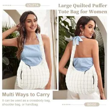 izuzta Quilted Puffer Tote Bag Large Puffy Crossbody Shoulder Bag, Lightweight Soft Nylon Quilted Oversized Padding Hobo Tote Bag Handbags Puff Purse Carryall Gym Bag Trendy Tote for Women(Beige)