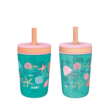 Zak Designs Kelso 15 oz Tumbler Set, (Shells) Non-BPA Leak-Proof Screw-On Lid with Straw Made of Dur...