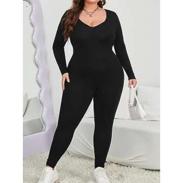 MakeMeChic Women's Square Neck Long Sleeve One Piece Jumpsuit Romper Bodysuit Pants Unitard Jumpsuits Plus Black 2XL