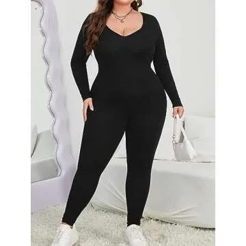 MakeMeChic Women's Square Neck Long Sleeve One Piece Jumpsuit Romper Bodysuit Pants Unitard Jumpsuits Plus Black 2XL