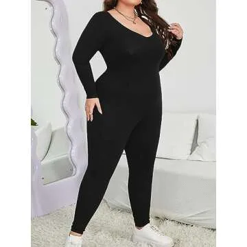 MakeMeChic Women's Square Neck Long Sleeve One Piece Jumpsuit Romper Bodysuit Pants Unitard Jumpsuits Plus Black 2XL