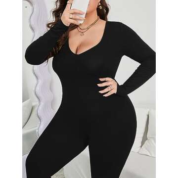 MakeMeChic Women's Square Neck Long Sleeve One Piece Jumpsuit Romper Bodysuit Pants Unitard Jumpsuits Plus Black 2XL