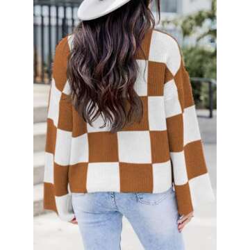 Dokotoo Women's Fashion Fall Checkered Crewneck Long Sleeve Sweaters for Women Trendy Winter Casual Cute Sweater Pullover Cropped Fit Tops for Laides Brown XXL