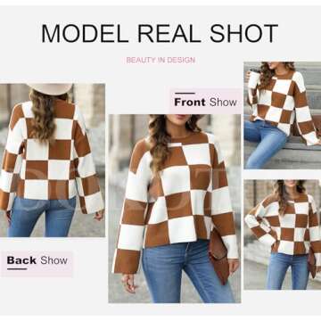 Dokotoo Women's Fashion Fall Checkered Crewneck Long Sleeve Sweaters for Women Trendy Winter Casual Cute Sweater Pullover Cropped Fit Tops for Laides Brown XXL