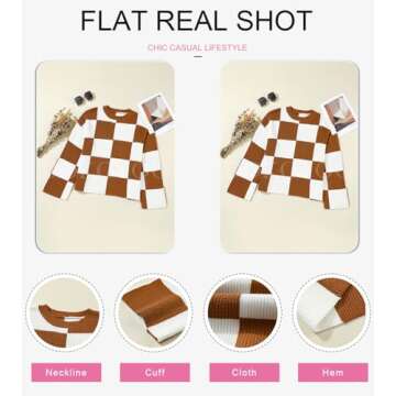 Dokotoo Women's Fashion Fall Checkered Crewneck Long Sleeve Sweaters for Women Trendy Winter Casual Cute Sweater Pullover Cropped Fit Tops for Laides Brown XXL