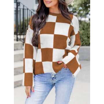 Dokotoo Women's Fashion Fall Checkered Crewneck Long Sleeve Sweaters for Women Trendy Winter Casual Cute Sweater Pullover Cropped Fit Tops for Laides Brown XXL
