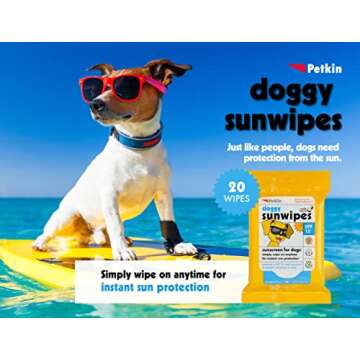 Petkin Dog Sunscreen Sunwipes - Sunscreen for Dogs, SPF 15 - Simply Wipe on Anytime for Instant Sun Protection - Includes 20 Jumbo Size Wipes, Vanilla Coconut Scent - Ideal for Home or Travel