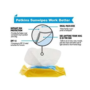 Petkin Dog Sunscreen Sunwipes - Sunscreen for Dogs, SPF 15 - Simply Wipe on Anytime for Instant Sun Protection - Includes 20 Jumbo Size Wipes, Vanilla Coconut Scent - Ideal for Home or Travel