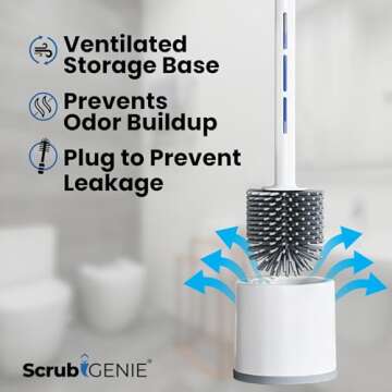 Scrub GENIE Toilet Bowl Brush, Toilet Brush with Cleaner in Handle, Silicone, NO Leaks, Toilet Brush and Holder Set, Optional Wall Mount